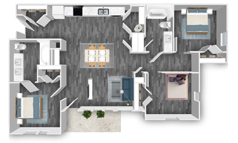 Floor plan for 3 beds, 2 baths, 1123 sqft